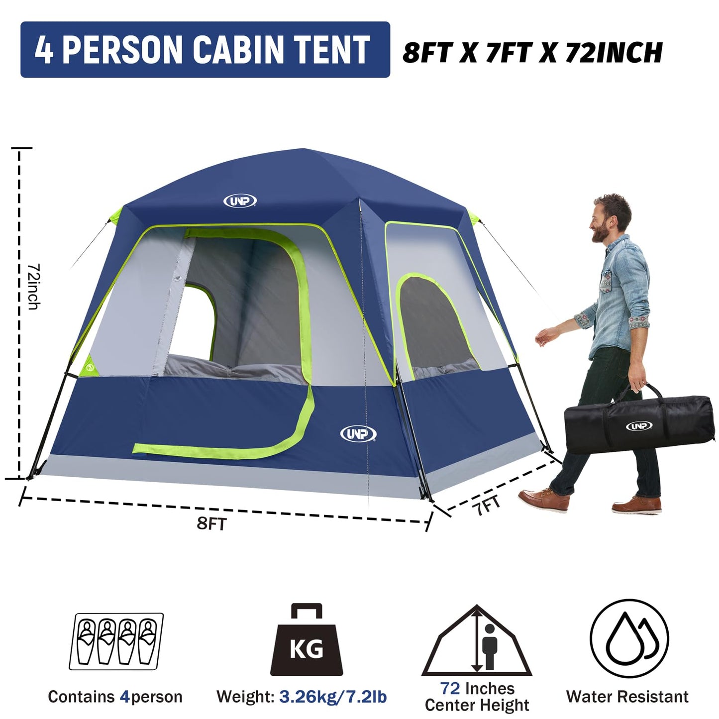 UNP 4-Person Tent, Portable Cabin Tent, Camping Tent 4-Person Easy Set Up, Waterproof with Top Rainfly for Outdoor Camping/Hiking (Dark Blue)