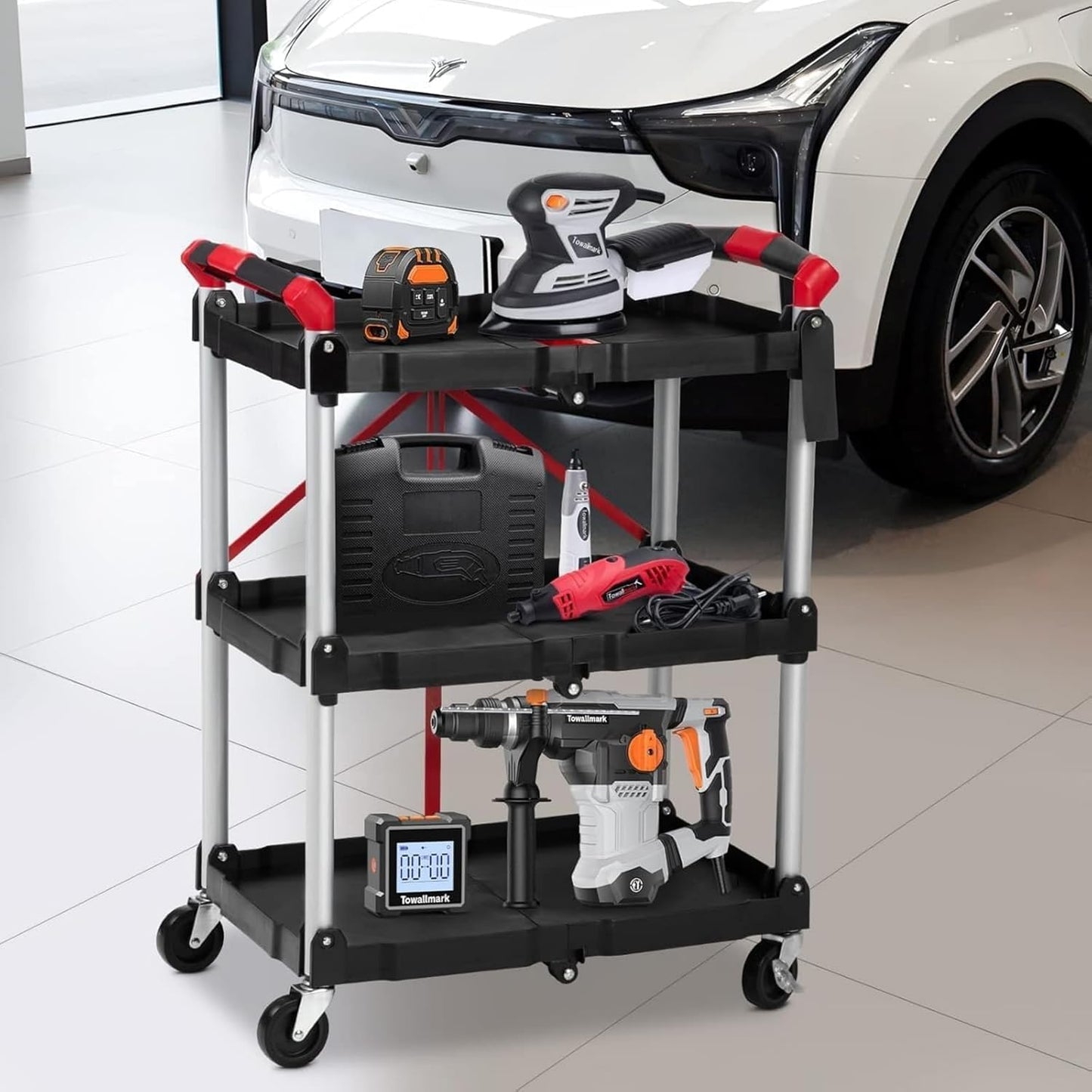 3 Tier Rolling Cart, 167 Lbs Foldable Utility Service Cart, Portable Utility Cart with Lockable Universal Wheels, No Installation Required, Suitable for Warehouse, Garden, Office, Kitchen