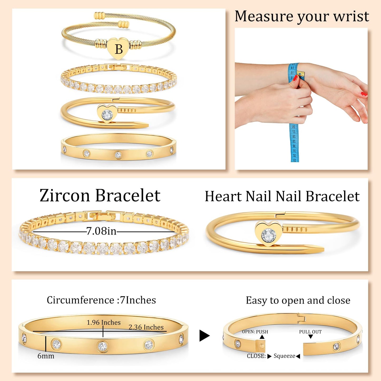 MEIERYA18K Gold Plated Nail love Bangle Bracelet Set for Women,Cubic Zirconia,Adjustable tennis bracelet Trendy Gift Jewelry for Mother's Day Anniversary (02-Style-B)