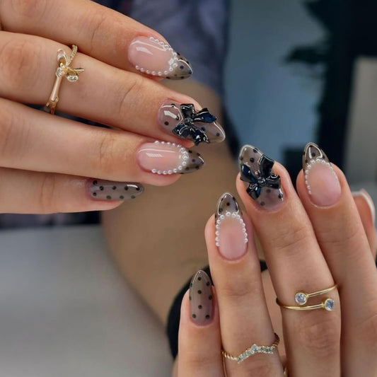 octoswave Press on Nails Medium Almond Fake Nails Cute French Artificial Nail with Bow and Pearl Charm Stick on Nail for Women 24pcs