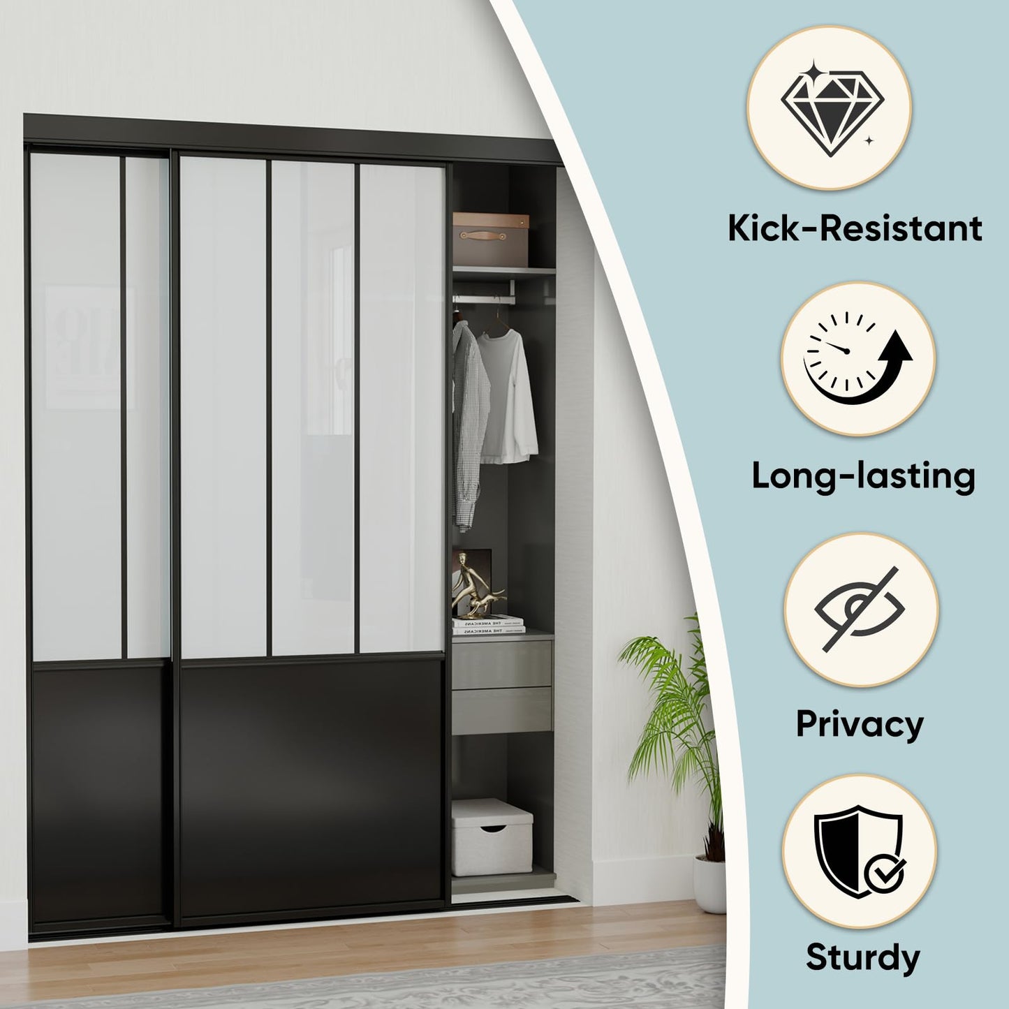 JUBEST Sliding Closet Door 72 x 80", Black Farmhouse Sliding Door with Top & Bottom Track Kits, Preassembled Frosted Glass Bypass Closet Door, Easy to Install