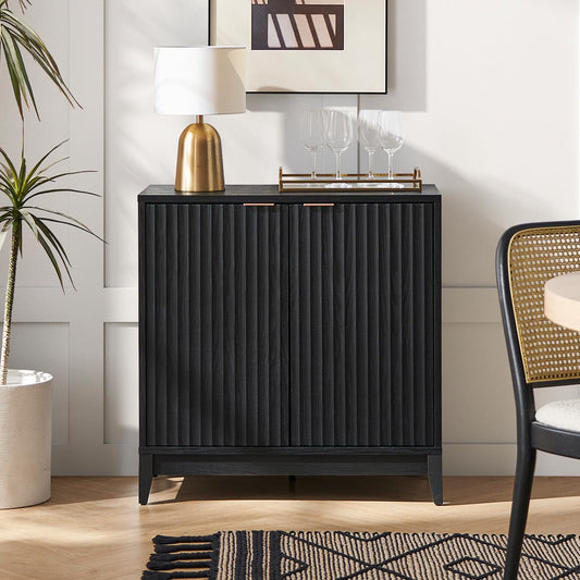 mopio Brooklyn Fluted Storage Cabinet, Modular Accent Buffet Sideboard with Adjustable Shelf, FSC Certified 50lb Load Modern Farmhouse Wood Credenza for Dining, Living Room, Entryway (Black, Single)