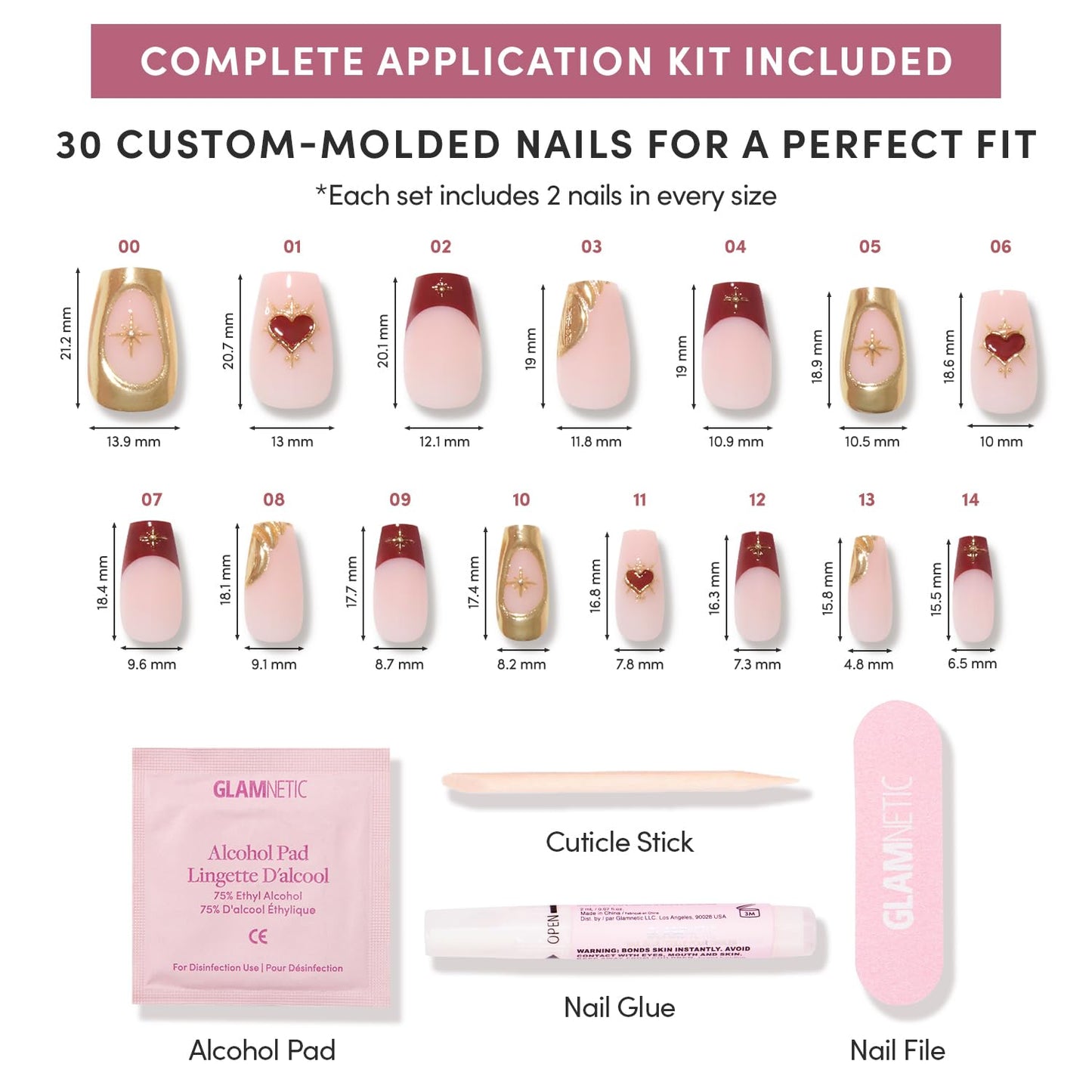 Glamnetic Press On Nails - Queen of Hearts | Medium Coffin Fake Nails with a Sheer Base, 3D Gold Metallic Designs and Deep Red French Tips | 15 Sizes - 30 Nail Kit with Glue