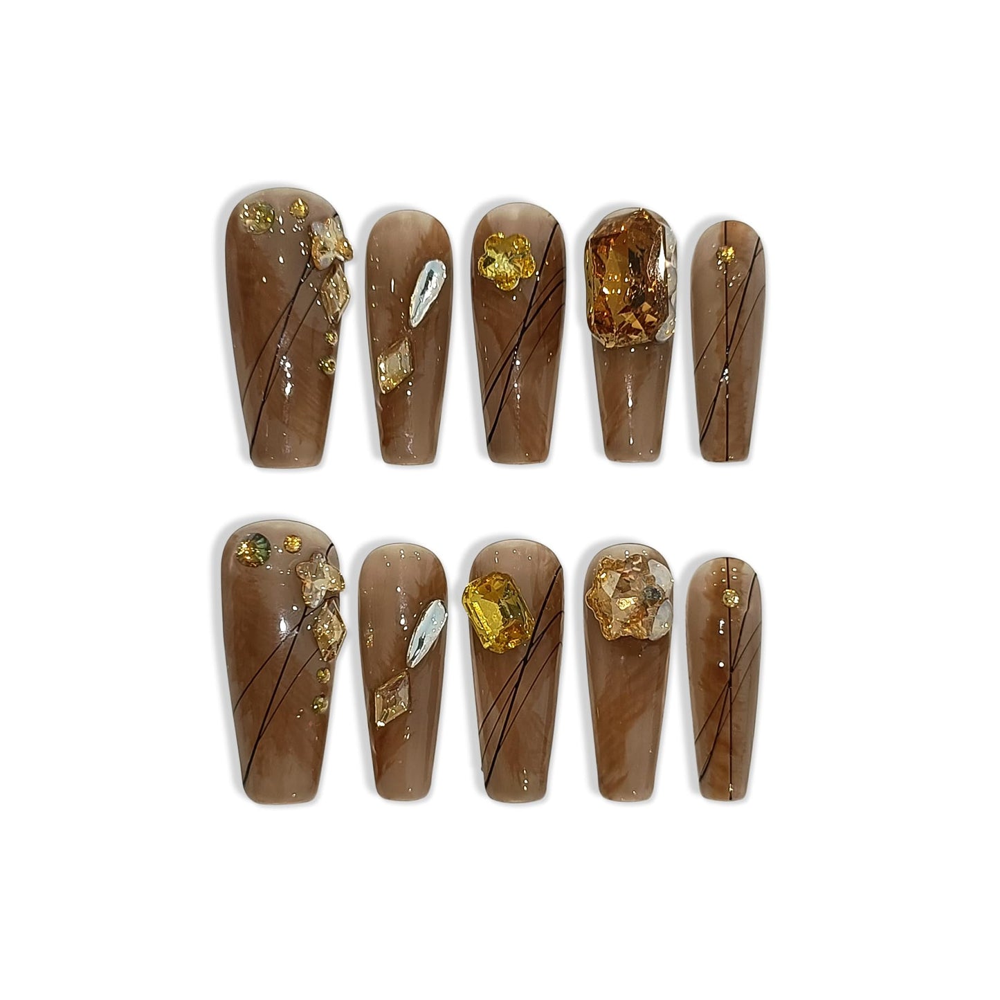 TENPAL 10PCS Long Coffin Press on Nails with Tools Kit - Autumn Woodland Hand-Painted Design Fake Nails | Rustic Brown Gold Leaf & Crystal Glue on Nails | Long Fall Nails for Sweater Weather(XS)