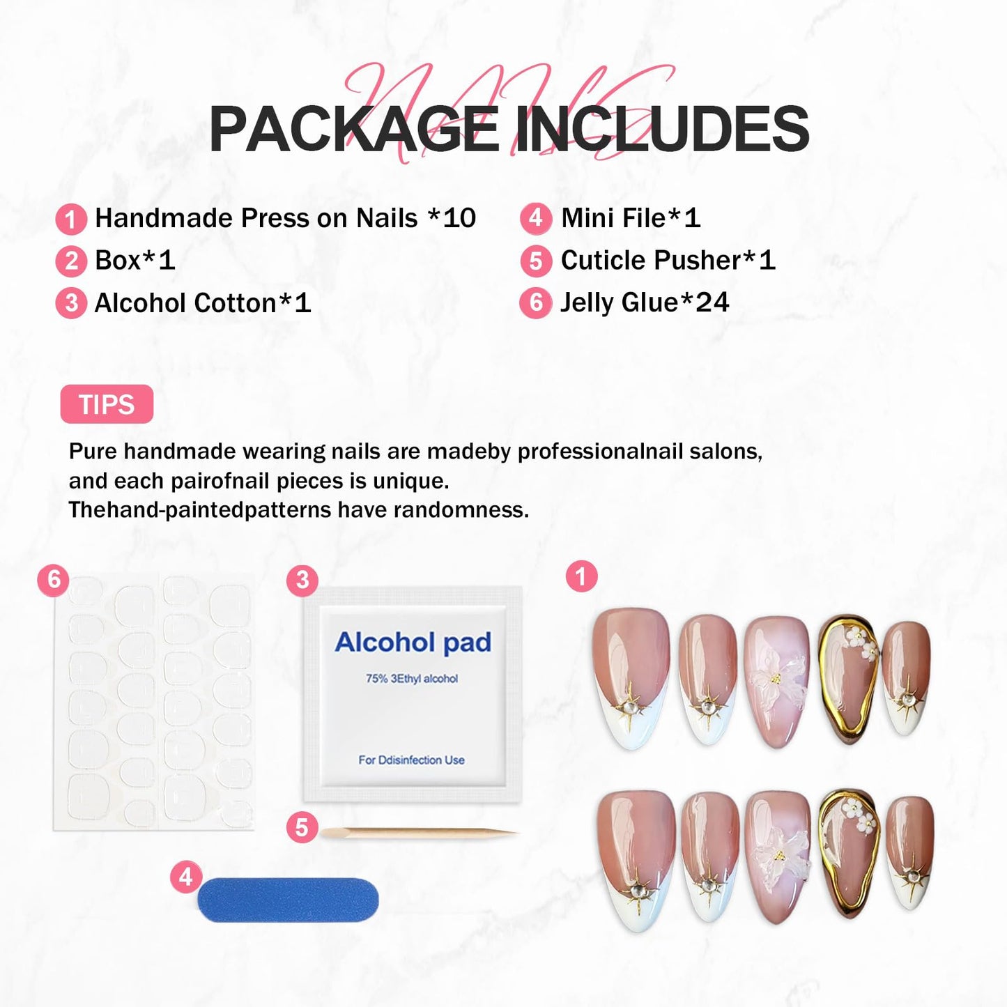White French Tip Press on Nails Short Almond Fake Nails Handmade Press on Nails Flower False Nails Golden Embossed Designs Full Cover Muti-Layer Gel Stick on Nail Acrylic Nails for Women (Size M)