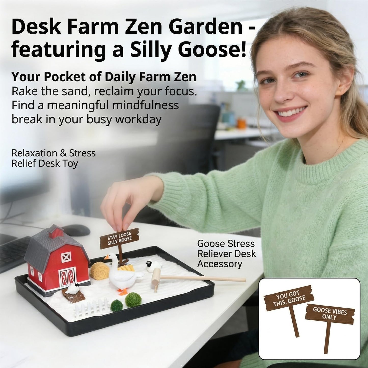 CMLDGIA Goose Mini Zen Garden Kit Decorative Sand Tray Decor with Desk Goose, Barn & Interchangeable Signs Stress Relief Office Sandbox Accessories