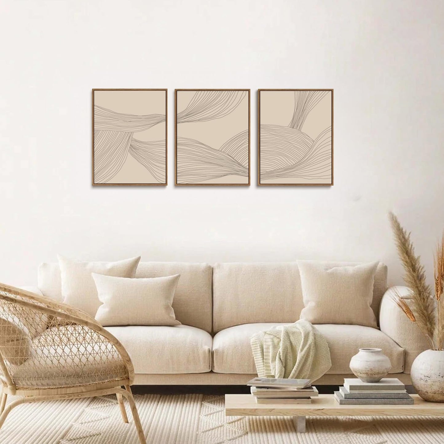 myusuar 3 Piece Large Modern Abstract Canvas Framed Wall Art For Living Room, Beige Minimalist Wall Art Decor Posters Prints For Bedroom Office, 12x16in