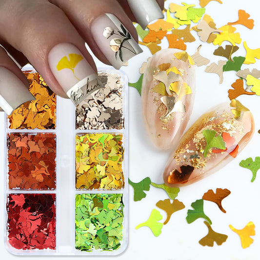 Ginkgo Biloba Nail Art Glitter Flakes, Mixed 6 Colors Glitter Nail Sequins Designs, Fall Ginkgo Biloba Nail Supplies for Women Girls Manicure Charms Decorations, DIY Sparkly False Nails Crafts