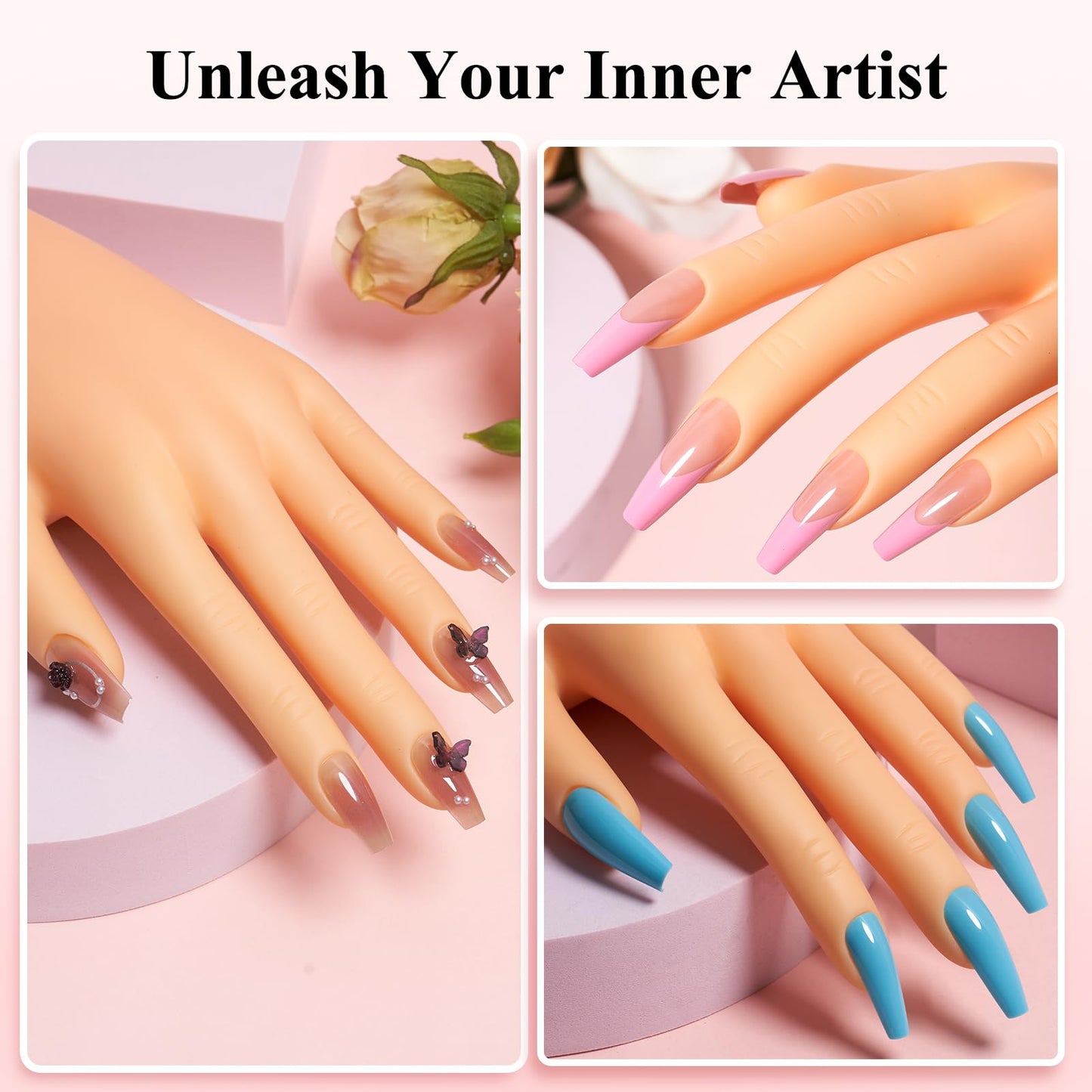 Practice Hand for Acrylic Nail: Fake Hand with Stand Nails Kit Acrylic Set - Professional Nail Mannequin Hand for Beginners Salon
