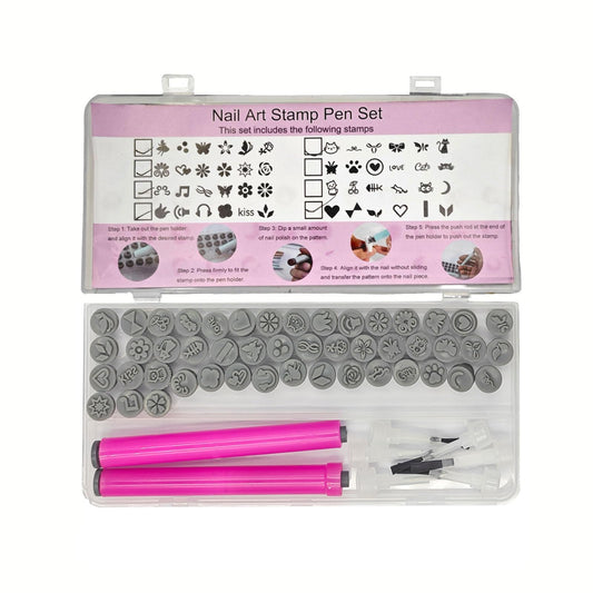 56PCS Nail Art Stamp Pen Set with 6 Brush Heads, 48 Designs, 1 Stamp Pen & 1 Brush Pen – Ergonomic, Portable, Easy-to-Use DIY Tool for Home/Travel/Salon, Ideal for Beginners & Pros
