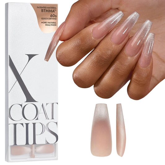 BTArtboxnails XCOATTIPS Press on Nails - Cat Eye French Tip Nails Long Coffin Nail Tips, Soft Gel False Nail, Soak Off Acrylic Fake Nails Extensions