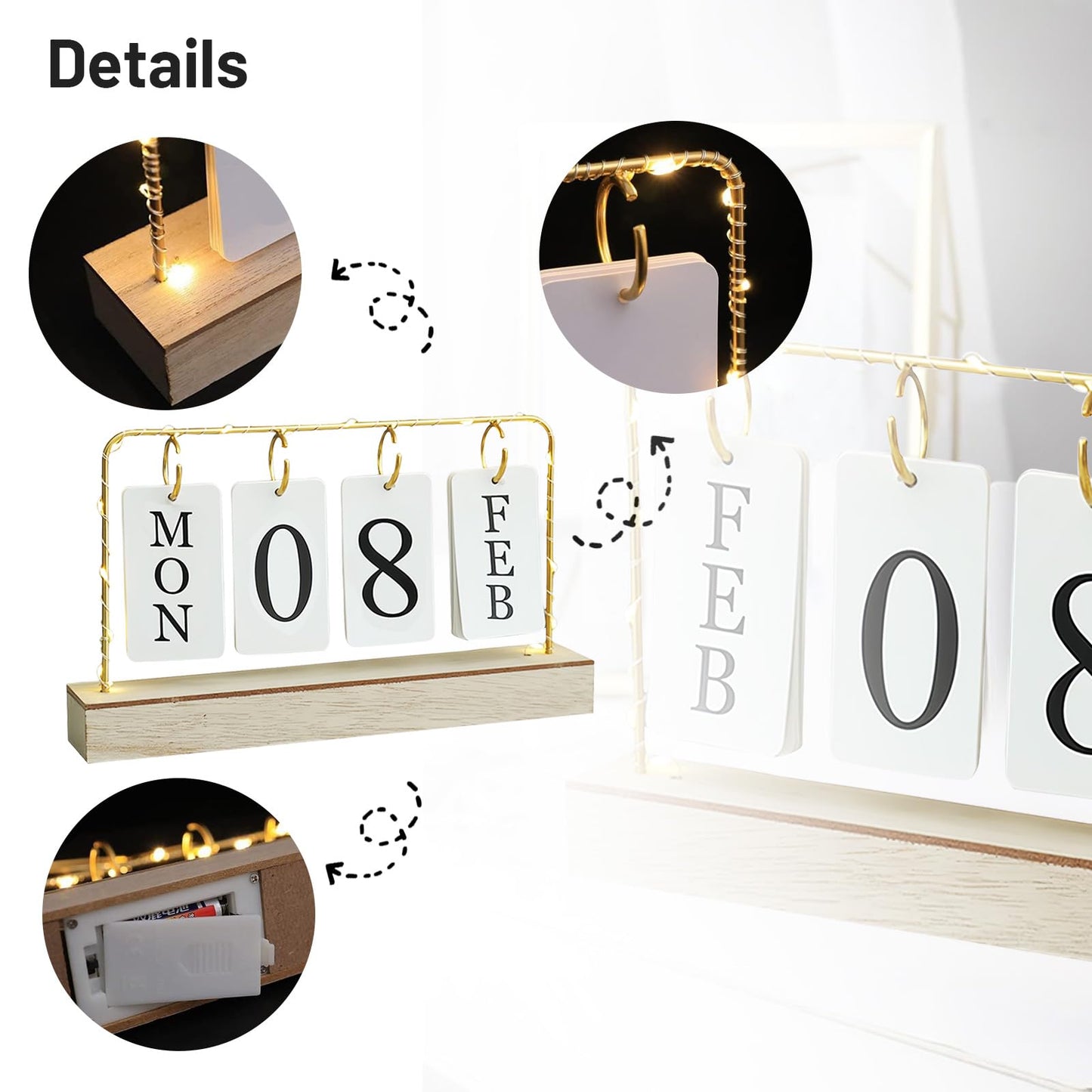 Flip Wooden Perpetual Calendar Gold Metal Stand with Paper Monthly Daily Calendar with Light For Daily Office Home Decor Reusable Office Accessory