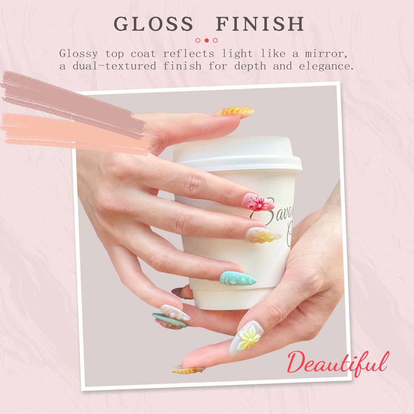 Luxury Handmade Press-On Nails – Medium Almond 3D Flower & Pearl French Tip, Blue Ocean Spring Pattern Reusable Acrylic False Nails (S-10PCS)