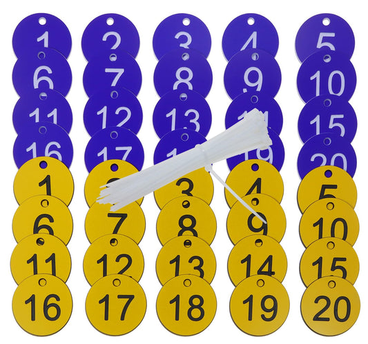 ONLYKXY 2set Plastic Number Tag 1-20 Numbered Marking Identification Hang Tags Luggage Labels ID Tag with Rings for Organized Coded Key Box Cabinet Plant Coding Tag (Navy Blue & Yellow)