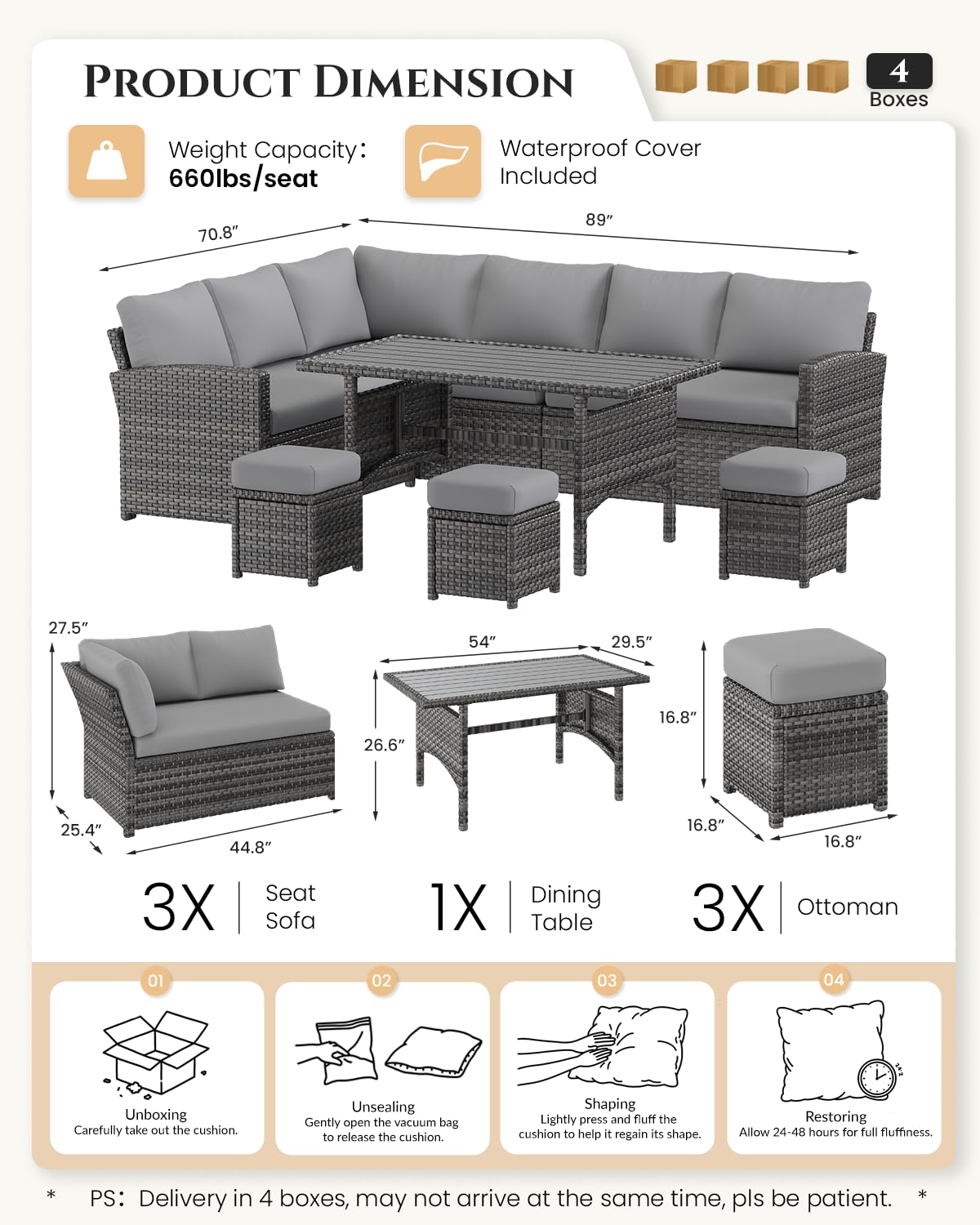 U-MAX 7 Pieces Patio Furniture Set with Waterproof Cover, Outdoor Sectional Sofa Conversation Set, All Weather Wicker Rattan Dining Table & Chair with Ottoman, Grey Rattan&Grey Cushion