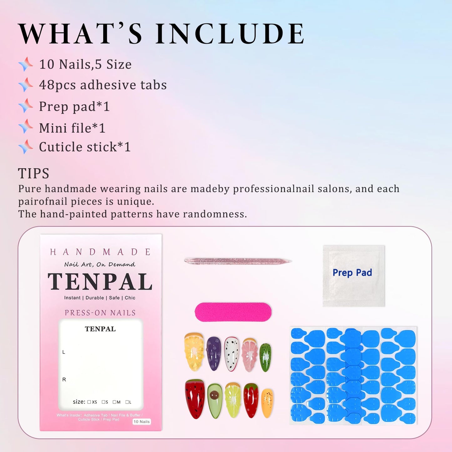 TENPAL Summer Fruit Press on Nails - Vibrant Almond Shaped Fake Nails with Kiwi, Watermelon & Avocado Designs | Reusable Colorful Nail Art for Women | Tropical Fruit Manicure Set (Medium Length,XS)