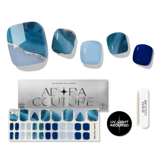 Adora Couture Semi Cured Gel Nail Strips - 32 pcs Gel Pedicure Stickers, Easy to Apply & Remove Toenail Stickers, Salon Quality At Home & Long Lasting - UV Nail Lamp Required - Blue Ocean P