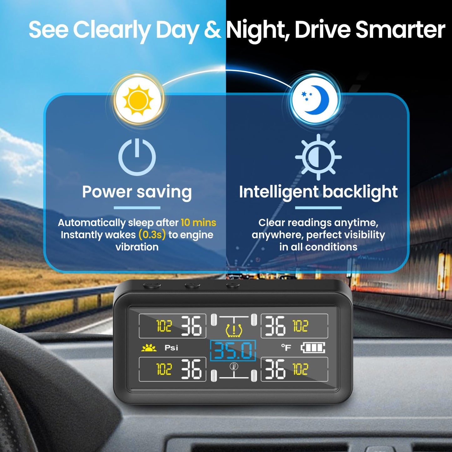 RV Tire Pressure Monitoring Systems with 4-inch LCD Screen, Wireless TPMS w/ 4 Sensors & 6 Alarm Modes, 0-144 PSI ±1.5PSI, Solar/USB Charging, for RV Trailer Truck - with 4 Tire Valve Stem Caps