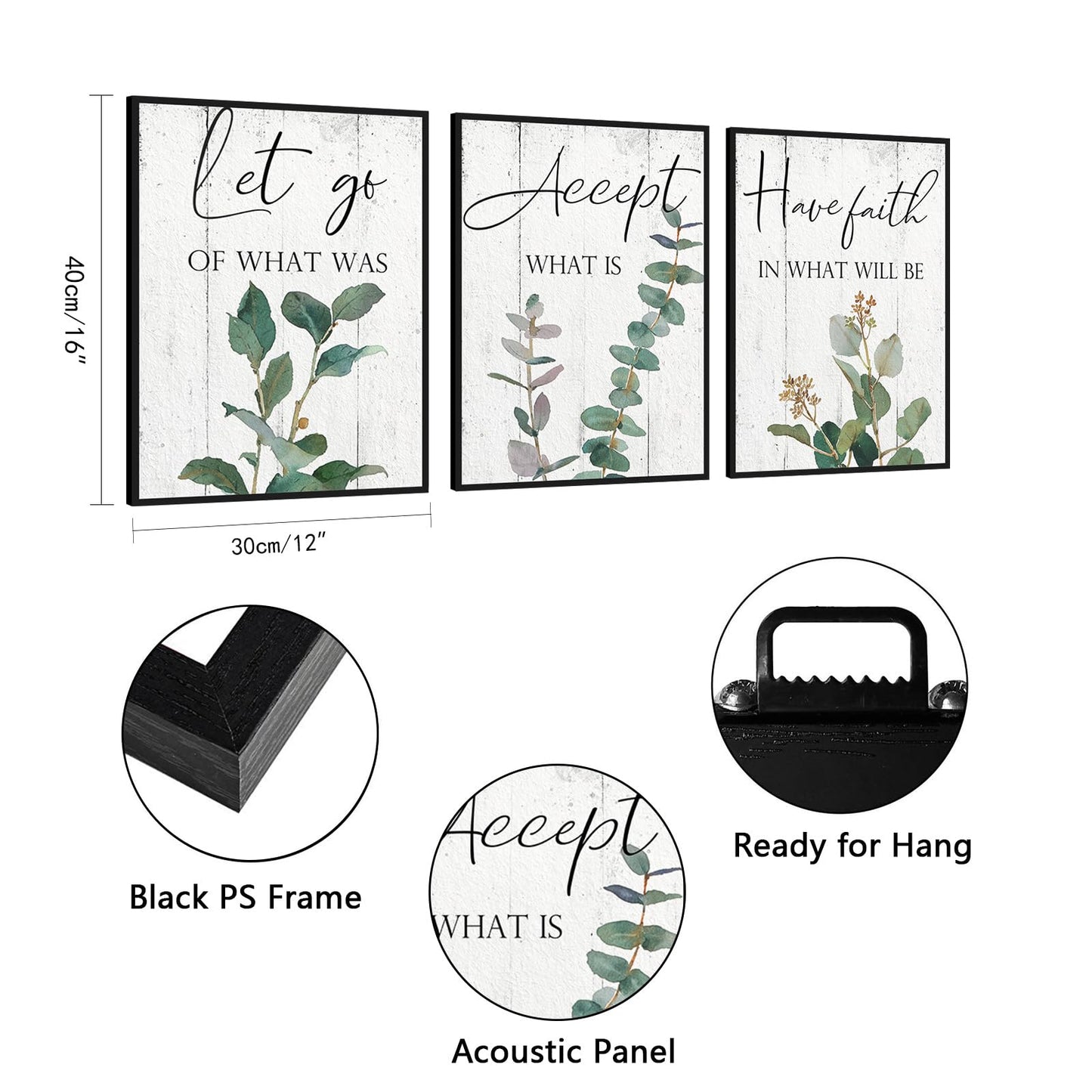 Inspirational Wall Art Office Decor: 3 Piece Motivational Quotes Wall Art 12"x16",Accept Let Go Have Faith Wall Decor for Office,Eucalyptus Pictures Framed Hanging Inspirational Posters for Bedroom