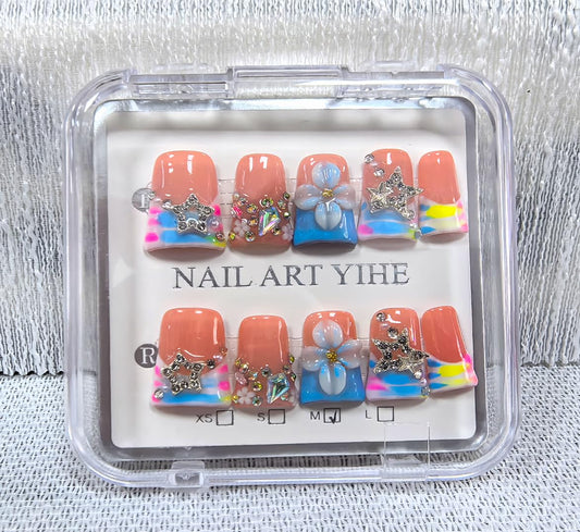 Handmade press on nails Duck Medium Fake Nails Blue French False Nails with 3D Flower Designs luxury Stars Charm Acrylic Nails for Women 10pcs (Size M）