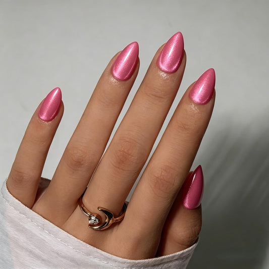 KQueenest Cat Eye Hot Pink Press On Nails Short Almond, Bling Stiletto Short Fake Nails With Glue, Sparkle Glitter Nails Press ons, Soft Gel Reusable Glue on Nails for Women, Fushia, 30 Pcs