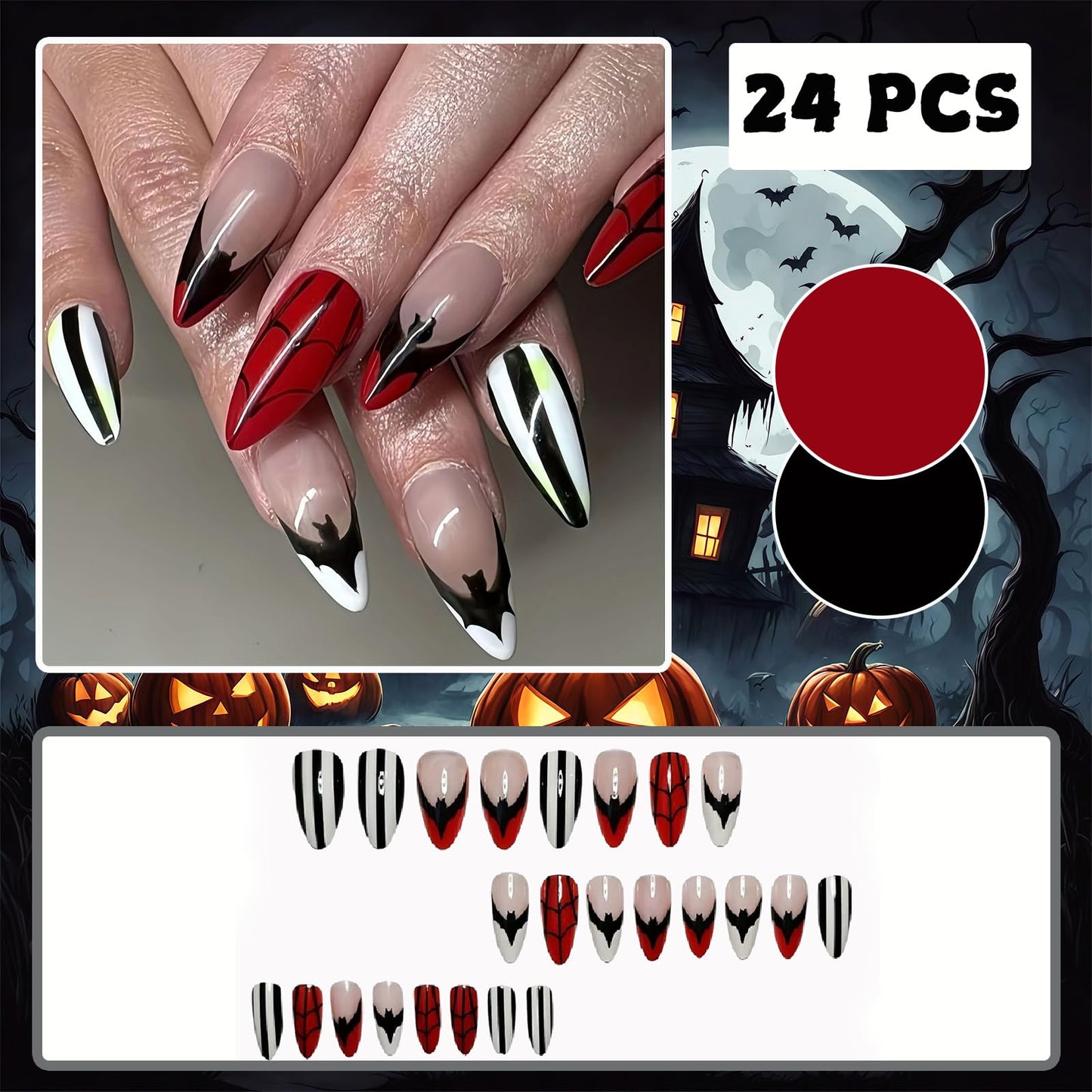 Halloween Bat French Press on Nails Medium Almond Fake Nails Red Spider Web Designs False Nails Black and White Stripes Acrylic Glue on Nails for Women Girls Manicure Decoration 24Pcs