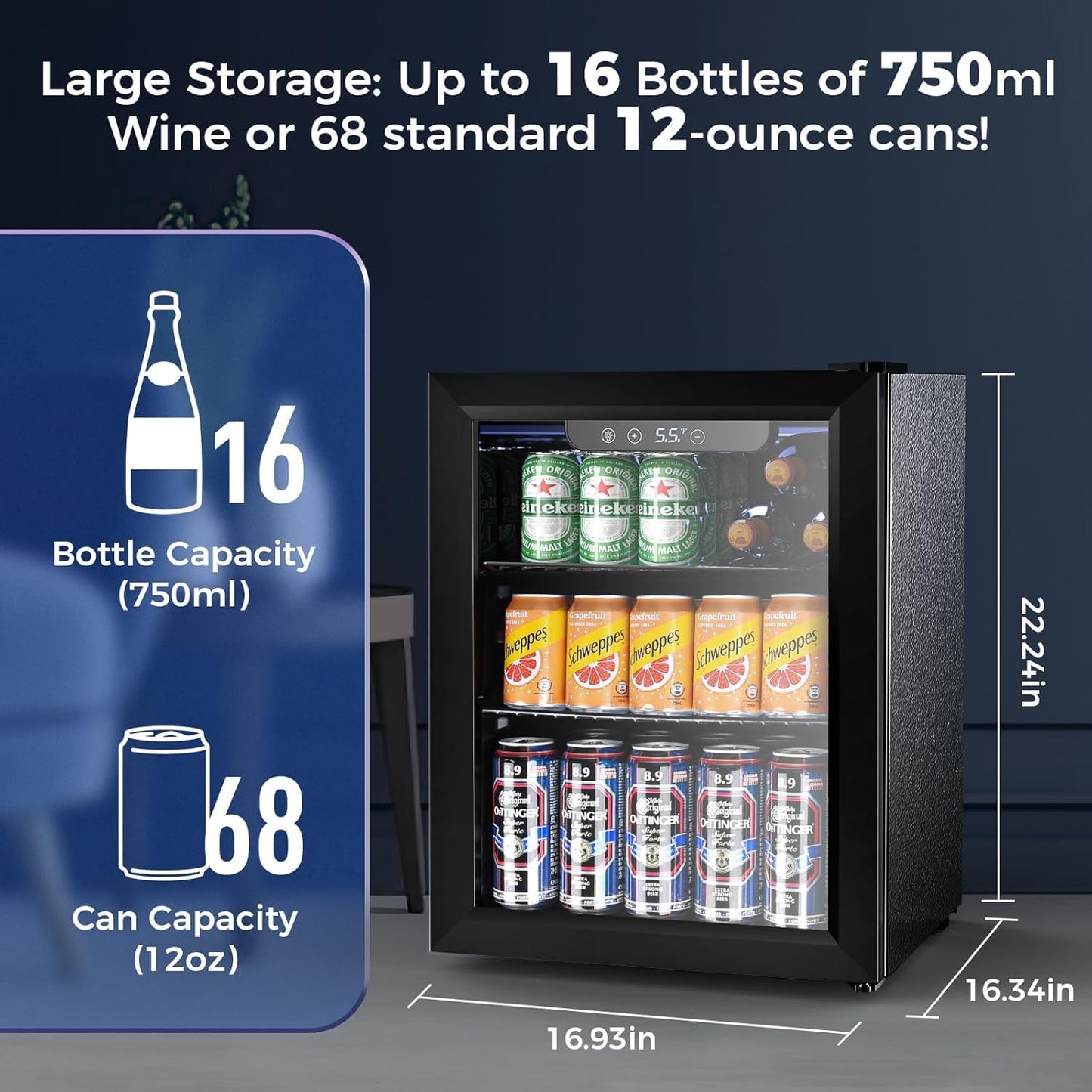 Electactic 1.7 Cu.ft Beverage Refrigerator Cooler, 68 Can Mini Fridge Glass Door with Adjustable Shelves, Digital Temperature Display, Freestanding Small Drink Fridge for Home, Office or Bar(Black)