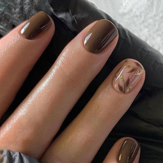Stbisen Dark Brown Press On Nails, Short Square Soft Gel Fake Nails with Gold Leaf Accents & Glitter Design, Glossy Acrylic Look, Thick Natural Glue On Nails for Women Gift, Suitable for Work, 30Pcs