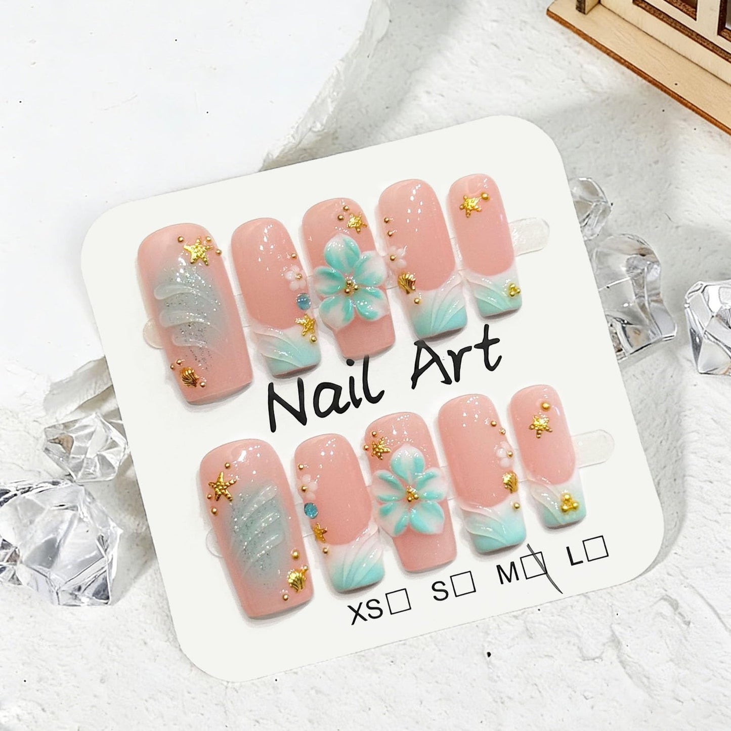 10 Pcs Handmade Press on Nails Medium Square Fake Nails with Blue 3D Flower Design False Nails Pink Acrylic French Tip Press Ons Nails Square M Size for Women Ocean Manicure