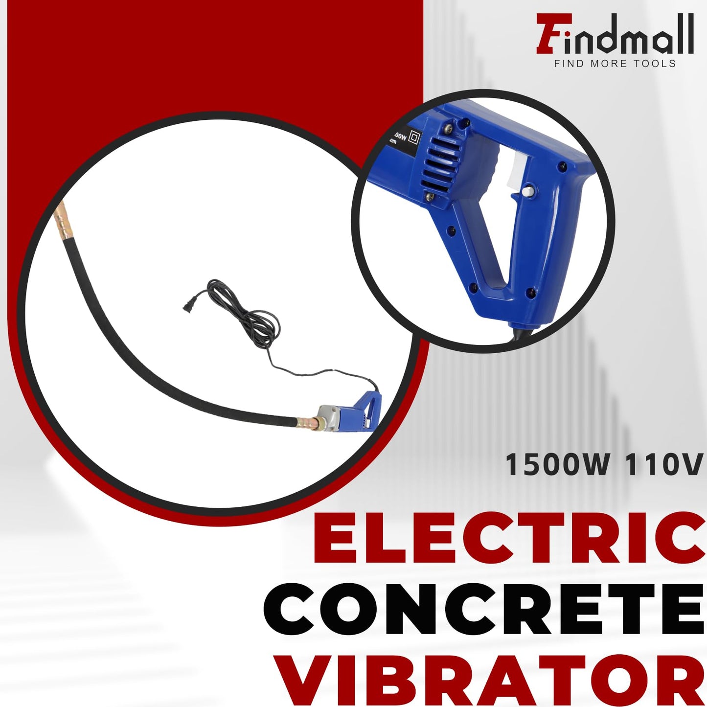 findmall Electric Concrete Vibrator 1500W 110V Hand Held Concrete Vibrator 4.9Ft Long Cement Vibrarator