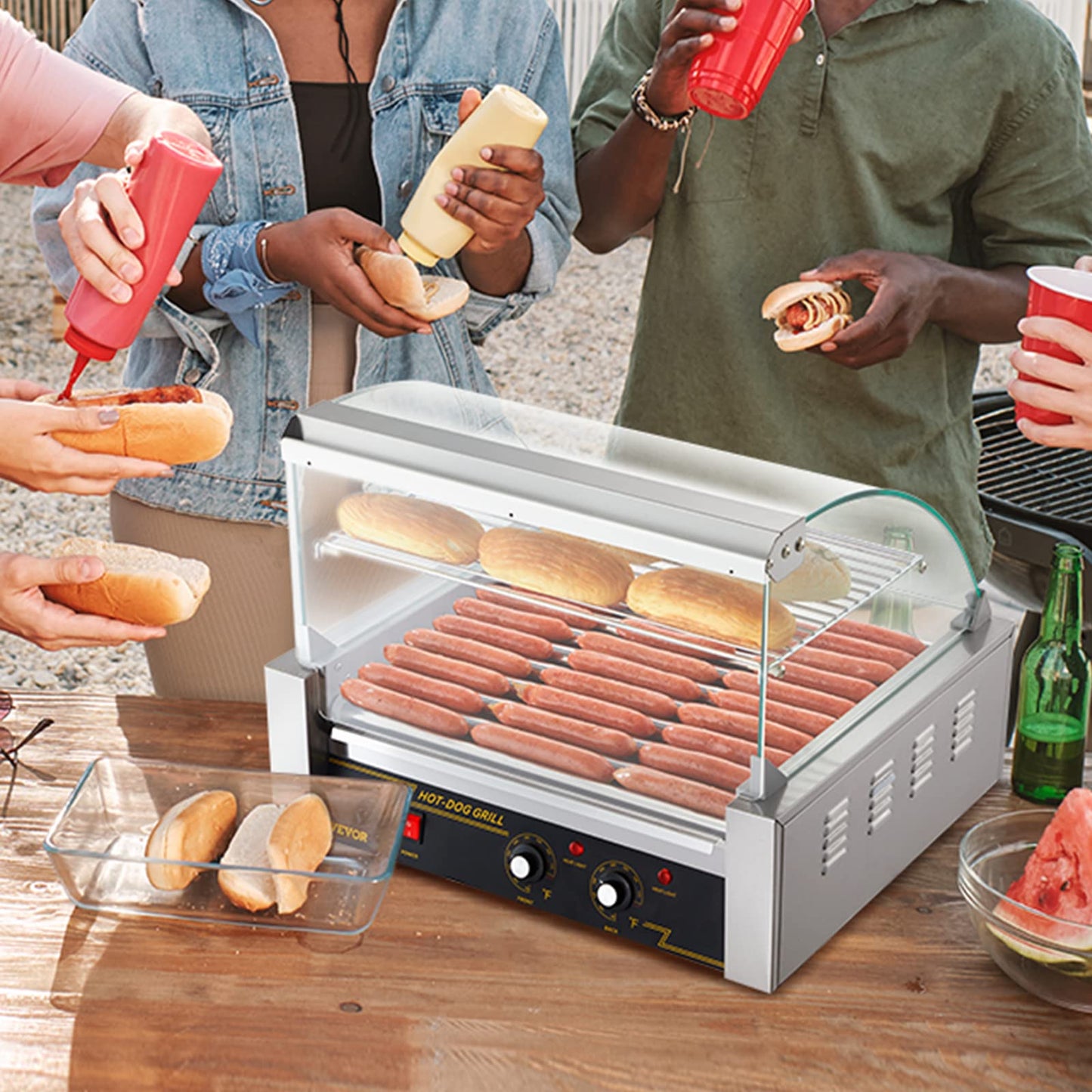 Happybuy Hot Dog Roller, 11 Rollers for 30 Hot Dogs, 1650W Stainless Sausage Grill with Dual Temp Control & Acrylic Cover