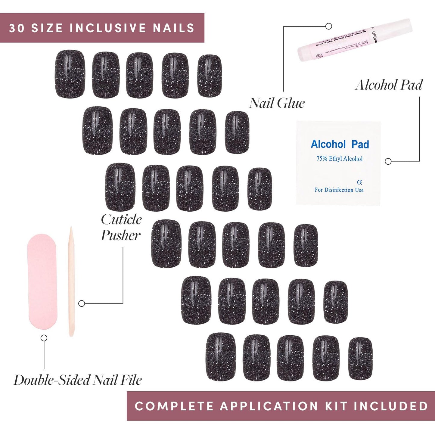 Glamnetic Press-On Nails Bundle - Merlot, Hailey & Cosmic | Matte Short Almond Dark Red Nails with Glossy French Tips | Glazed Almond False Nails | Sparkly Black Squoval Fake Nails