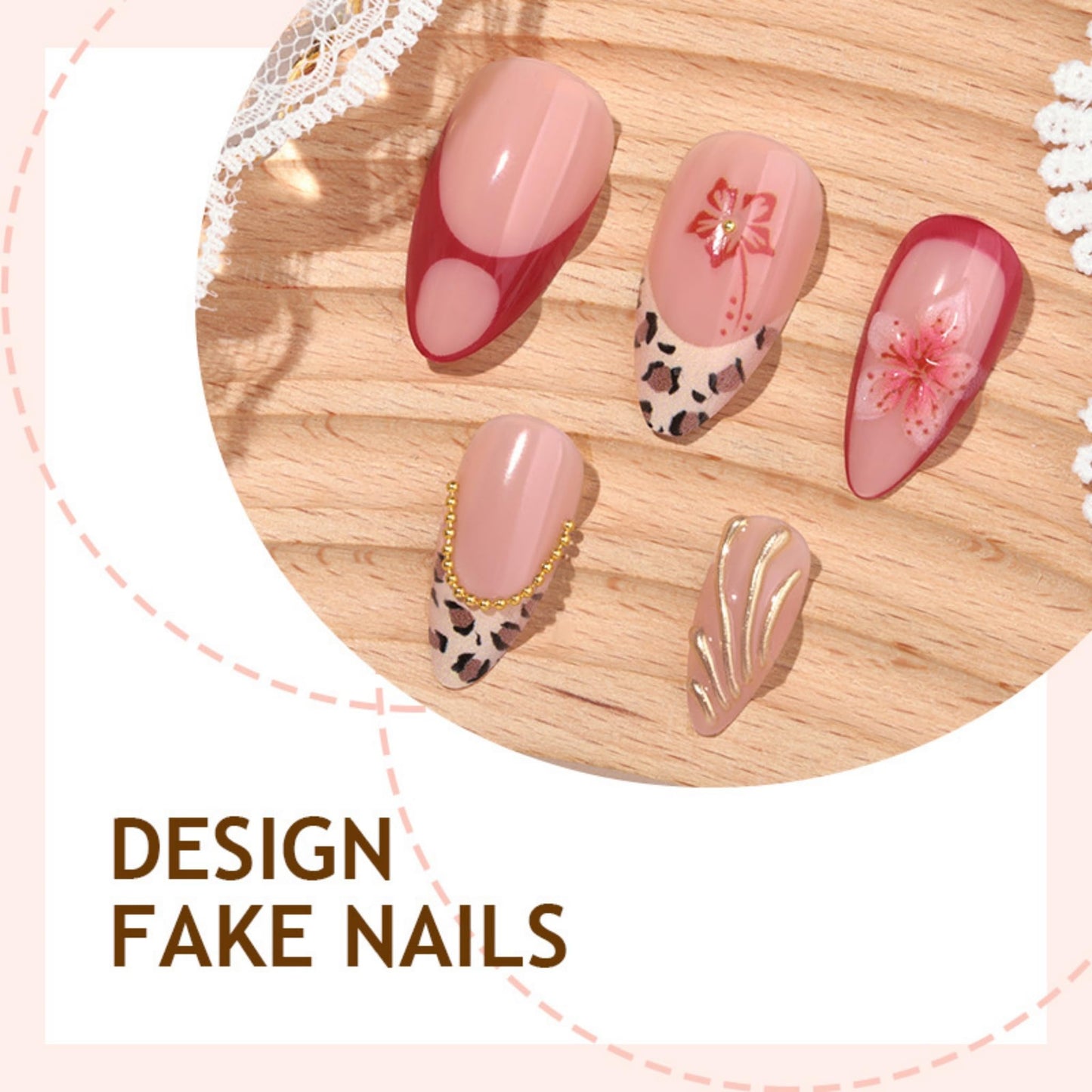 SEENEEY Almond Press on Nails Long Fake Nails Red Artificial Nail Pink Floral and Gold Charm Designs Stick on Nail for Women 24pcs