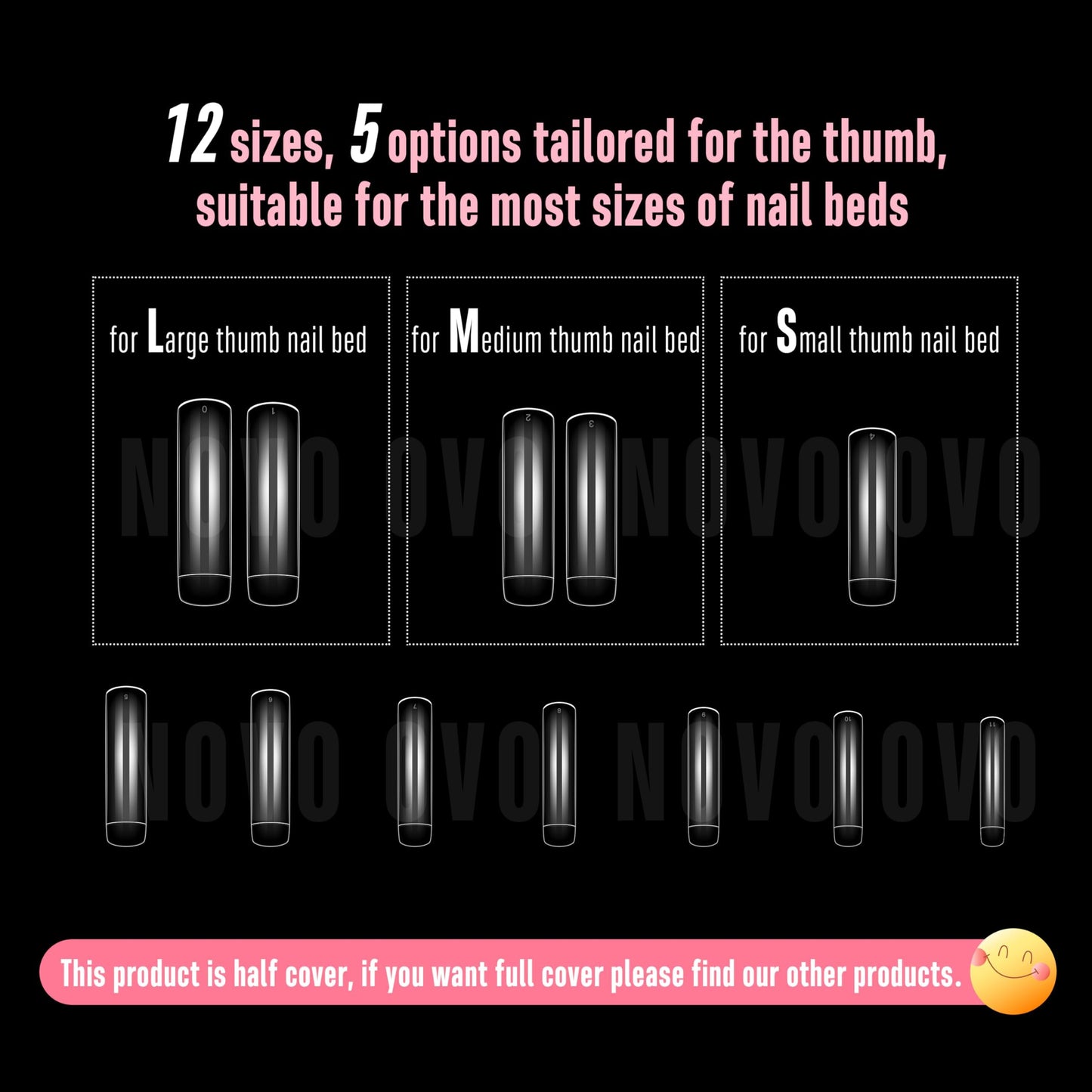 NOVO OVO Half Cover XXL Curved Nail Tips, Square Shallow Paste Soft Gel x Long L XL XXXL Hawk Curve Claw 90s' Y2K Fake Nails Extension kit, Clear Soft French False Nail for Acrylic 12 Sizes 240pc