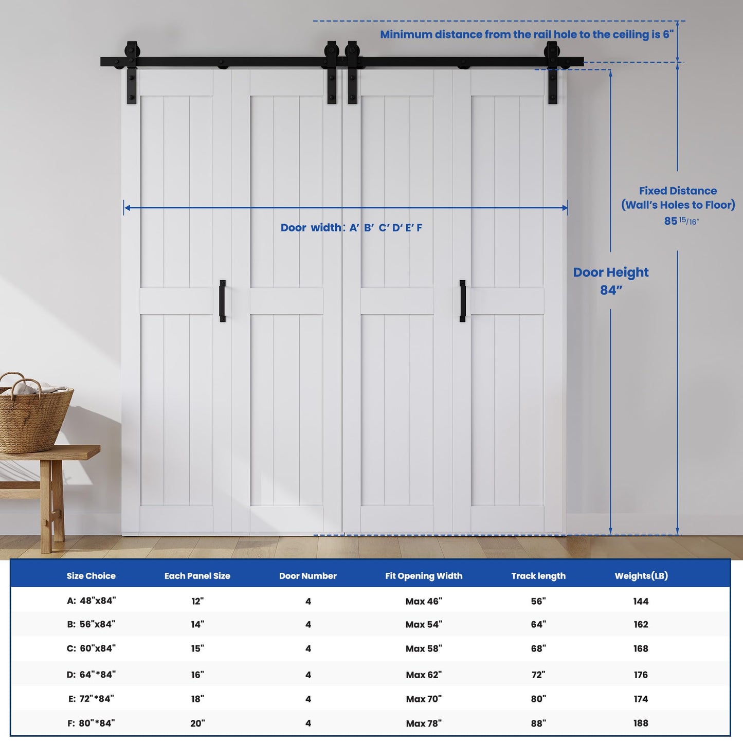 Bifold Barn Door 64" x 84", MDF Bi-Fold Sliding Closet Doors with Hardware Kit Included, Pre-Finished Easy Assembly, Water-Proof PVC Surface & Save Space, H-Frame, 72" Track for 4 Doors,White