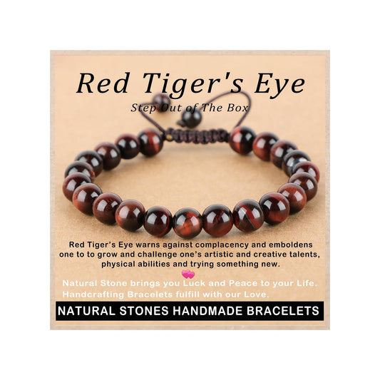 AD Beads 8mm Red Tiger's Eye - Challenge oneself - Handmade Natural Stone Crystal Bracelet with Adjustable Macrame String - Yoga Healing Power Energy Gifts for Men and Women