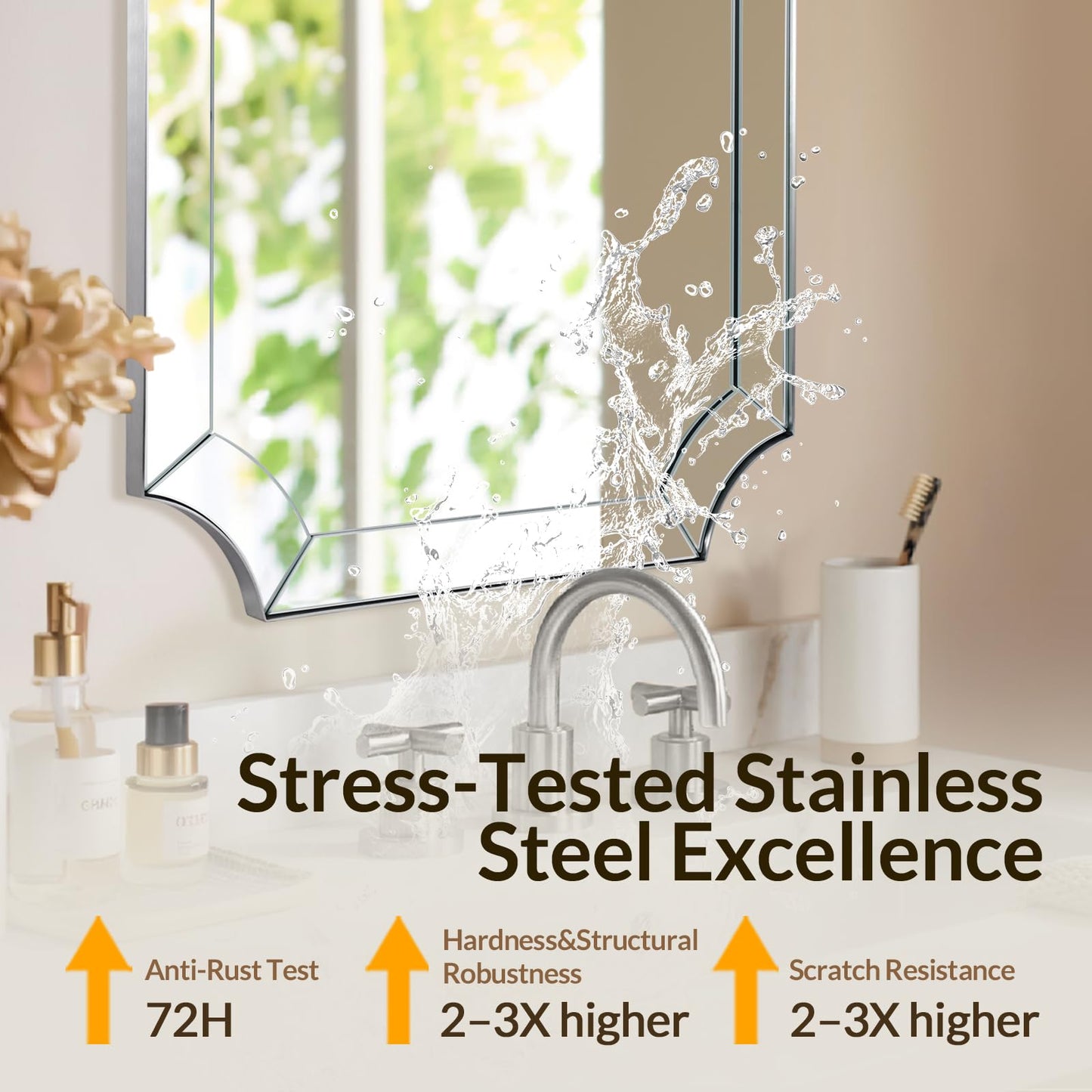 Andy Star Brushed Nickel Mirror, 22x30 Scalloped Bathroom Mirror, Silver Vanity Mirror in Anti-Rust Stainless Steel, Notched Mirrors with Delicate Tessellated Glass, Wall-Mounted Horizontal/Vertical