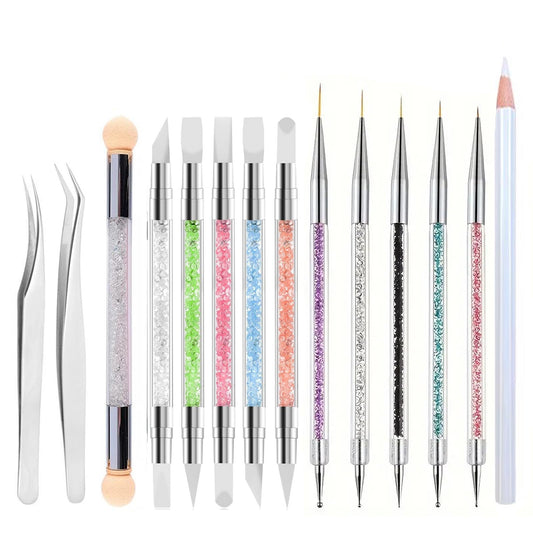 Gmtglla 14 Pcs Nail Art Tool Kit with Silicone Carving Brushes & Ombre Sponge Pen, Professional Dual-Ended Dotting & Liner Tools, Wax Picker Pencil & 2 Tweezers for 3D Nail Design DIY Manicure