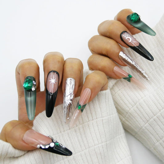 Long Coffin Style Press-on Nails Stiletto Fake Nails,design with 3D Moon, green and silver, Bling Glitter, Exaggerated decoration. 10Pcs Nail Kit for Women Girls Luxury Manicure.