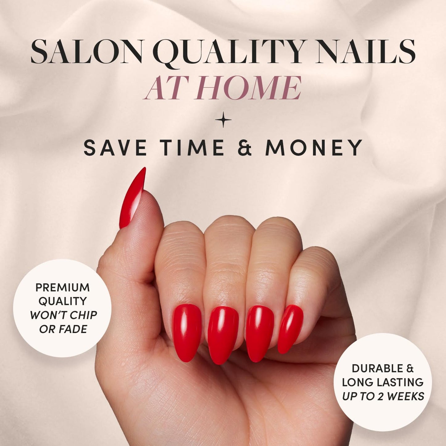 Glamnetic Press-On Nails Bundle - Soft Teal, Fairy Dust & Fiery Red | Short Almond Light Blue Fake Nails with Glossy Finish | Short Oval Beige-Pink False Nails with a Metallic Finish | Bright Red Shor