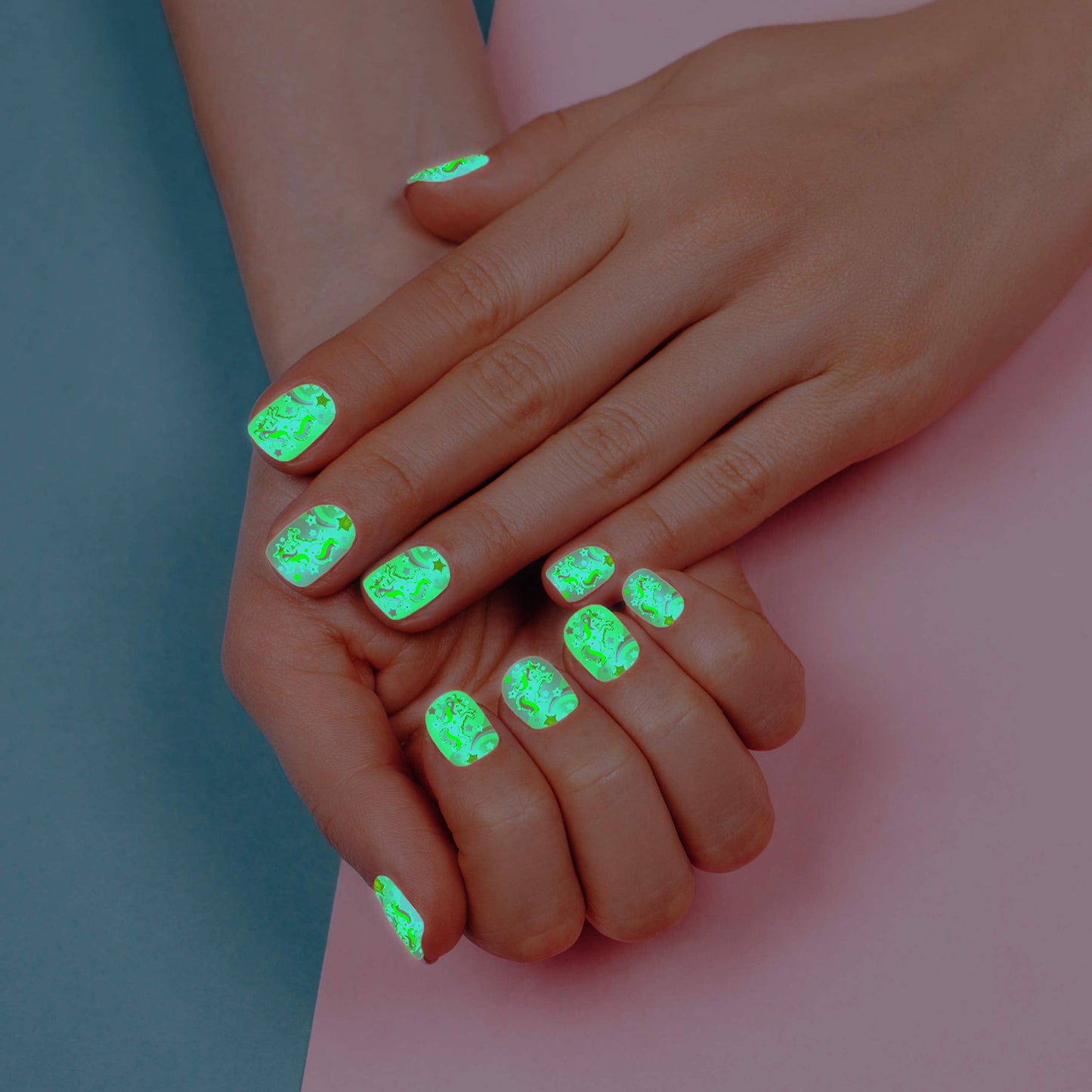 Hot Focus Unicorn Nail Art Glow in the Dark Kit 77 Pieces - Nail Stickers Unicorn and Rainbow Set, Nail Patches, Nail Polish and Nail File - Non-Toxic Water Based Polish