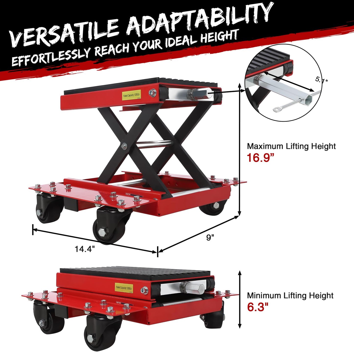 Garvee Motorcycle Lift Jack with Wheels, 1200 LBS Transmission Motorcycle Stand Scissor Jack with Wide Deck & Dolly, Thickened Rubber Pad Dirt Bike Stand Lift for ATV, Bike, Street Cruiser Bikes