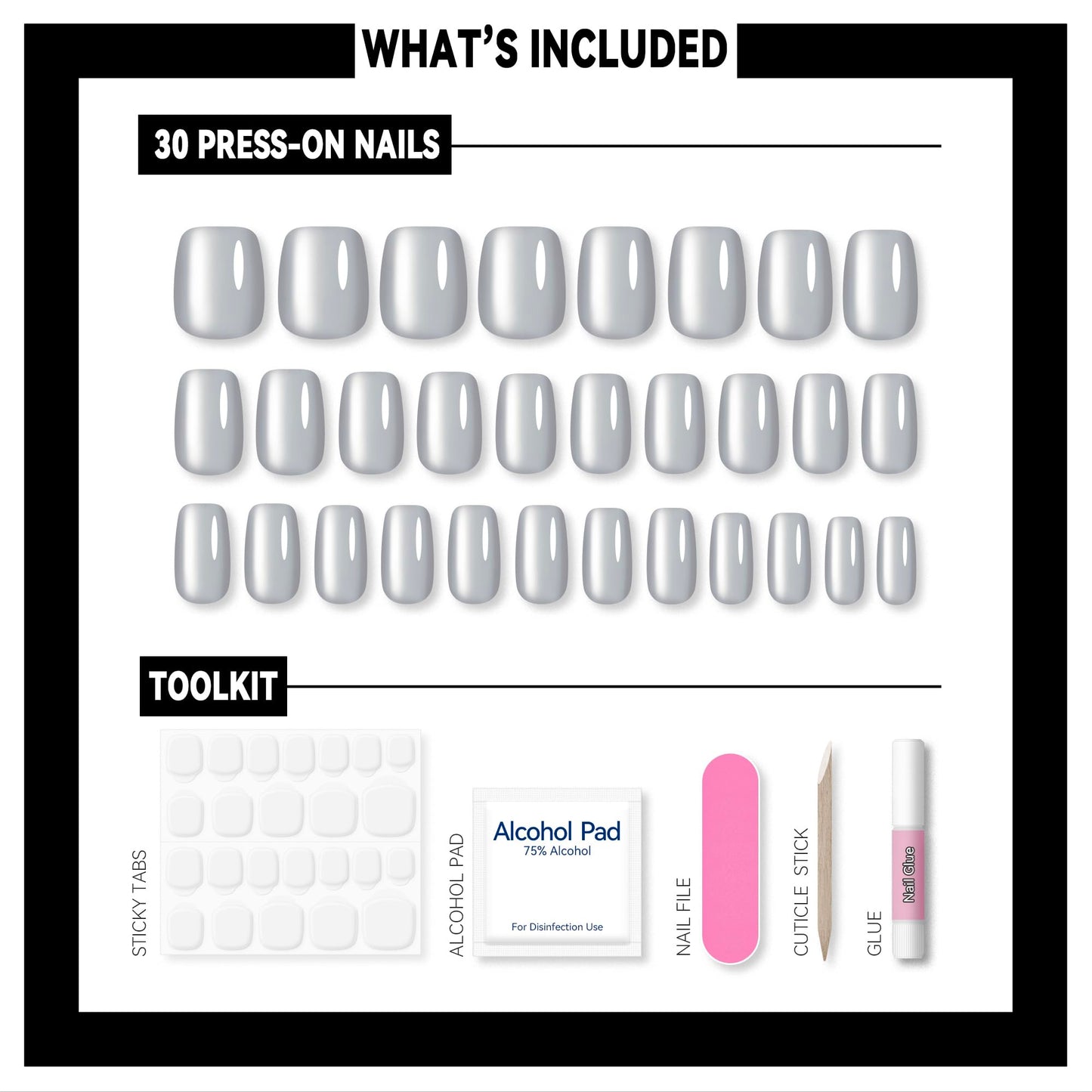 Okiyomi Silver Press on Nails - Metallic Cat Eye Press on Nails | Magnetic Moonlit Shimmer - Short Ballerina Squoval Shape - 15 Sizes - 30 Soft Gel Fake Nails with Glue and Stick On Tabs