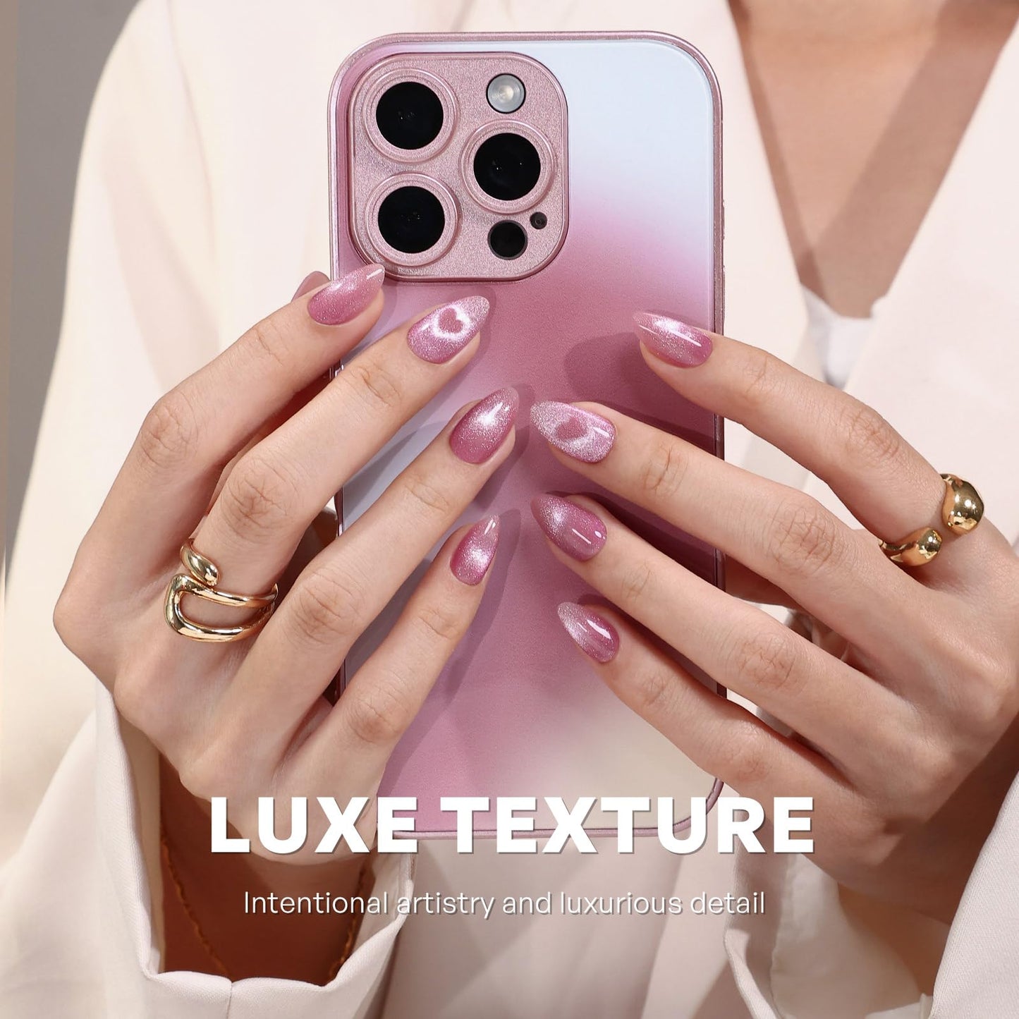 Short Almond Press on Nails Pink - GJZEZ Soft Gel Cute Cateye Nails Press ons with Magnetic Heart Designs in a Velvet Finish, Reusable Fake Faux Nail Gifts for Women in 16 Sizes 32 PCS, Romance