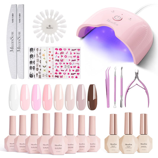 MelodySusie Gel Nail Polish Kit with UV Light P-ART06F- Popular Color Gel with Builder and Baser &Glossy Top Coat Soak Off Includes Nail Art Tools Nail Art Gift for Women & Girls