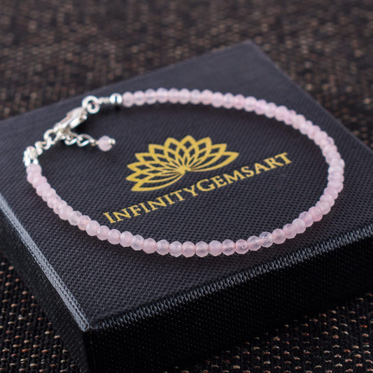 YANARA Rose Quartz Bracelet for Women, Natural Pink Gemstone Beads Dainty Jewelry, April Birthstone, Energy Healing Crystals, Silver Plated Chain 8 inch Adjustable, Birthday Valentines Day Gifts For Her