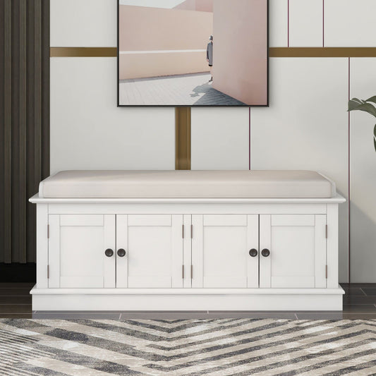 GDFStudio Jasd Storage Bench with 4 Doors and Adjustable Shelves, Removable Cushion Bench Ottoman, Solid Wood Frame Storage Ottoman, Rectangular Cabinet with Seating for Living Room Entryway, White