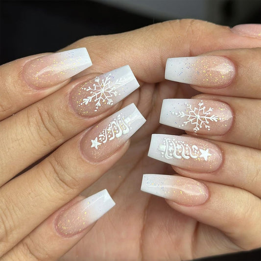 IMRAIN Christmas Press on Nails Long Coffin Fake Nails White Nude Gradient False Nails Full Cover Snowflakes Nails with Designs Ballerina Artificial Stick on Acrylic Nails for Women 24Pcs
