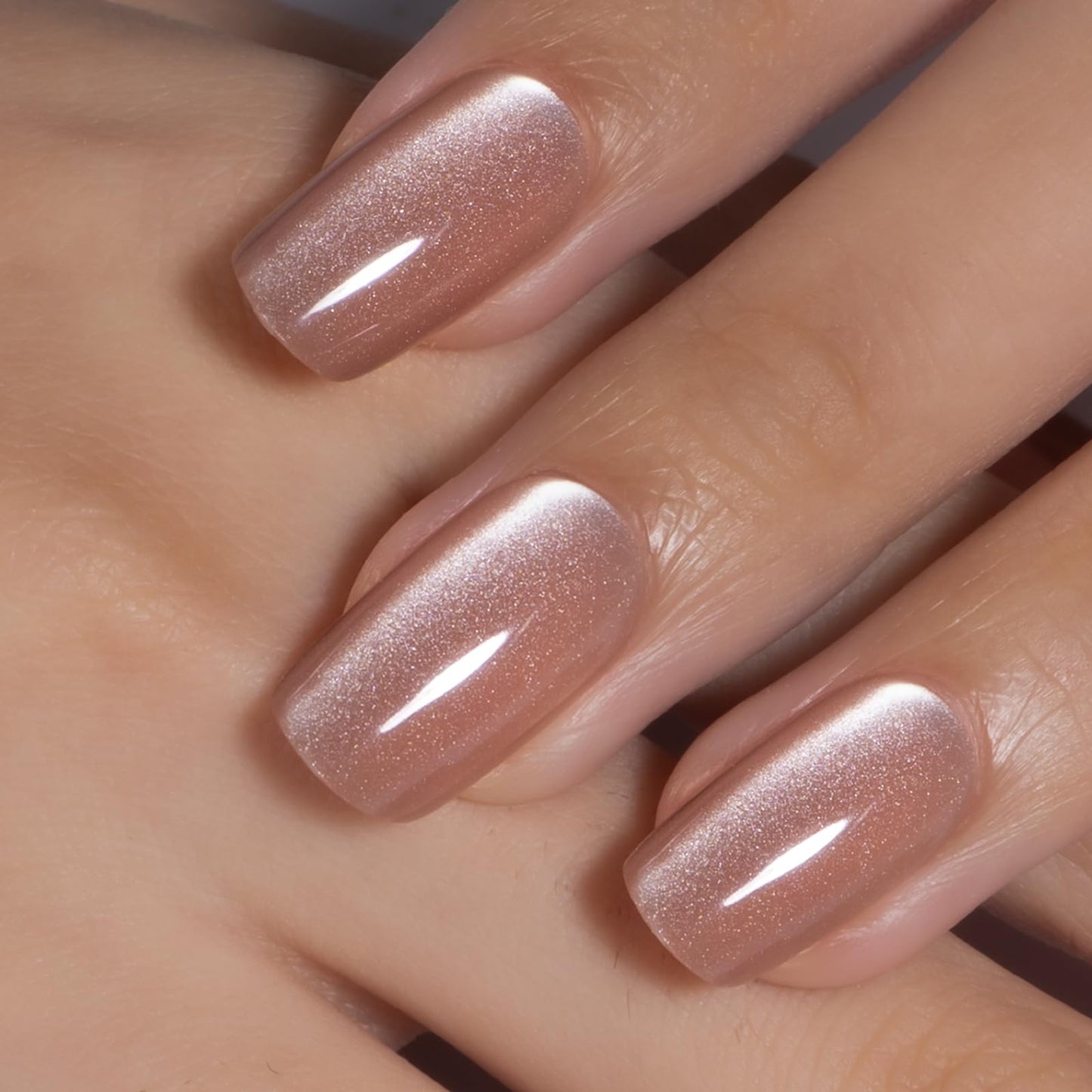 CurvLife Press on Nails Short Quicksand Powder Cat Eye Square Acrylic Fake Nails with Apricot Design Full Cover Glossy Nude Glue on Nails Artificial for Women