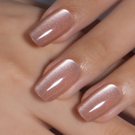 CurvLife Press on Nails Short Quicksand Powder Cat Eye Square Acrylic Fake Nails with Apricot Design Full Cover Glossy Nude Glue on Nails Artificial for Women
